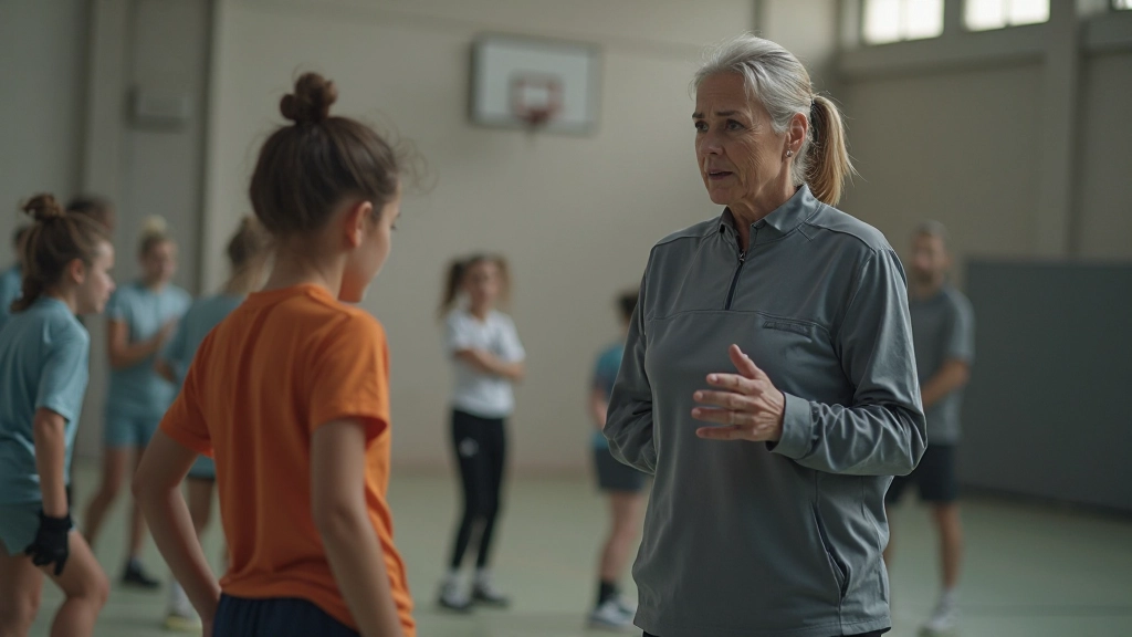مدربة تراقب مجموعة من لاعبات الناشئات وهن يقمن بتمارين دفاعية متقدمة في القاعة الرياضية