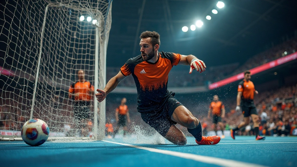 حارس مرمى يقوم بحفظ متقدم مع تقنية انزلاقية في مباراة حقيقية مع لاعبين معيقين
