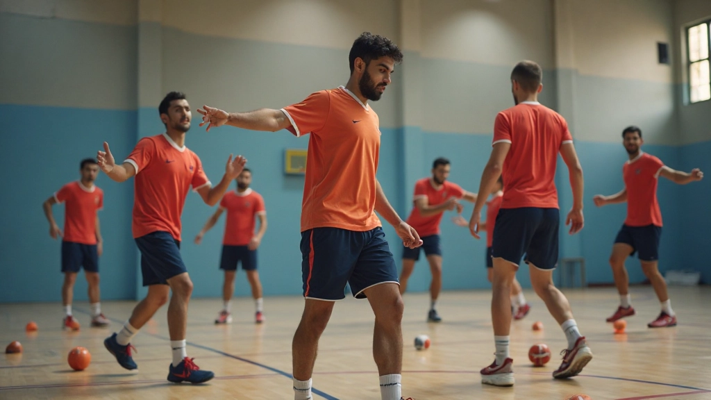 فريق من لاعبي كرة اليد الشباب يمارس تمارين التدريب تحت إشراف مدرب محترف